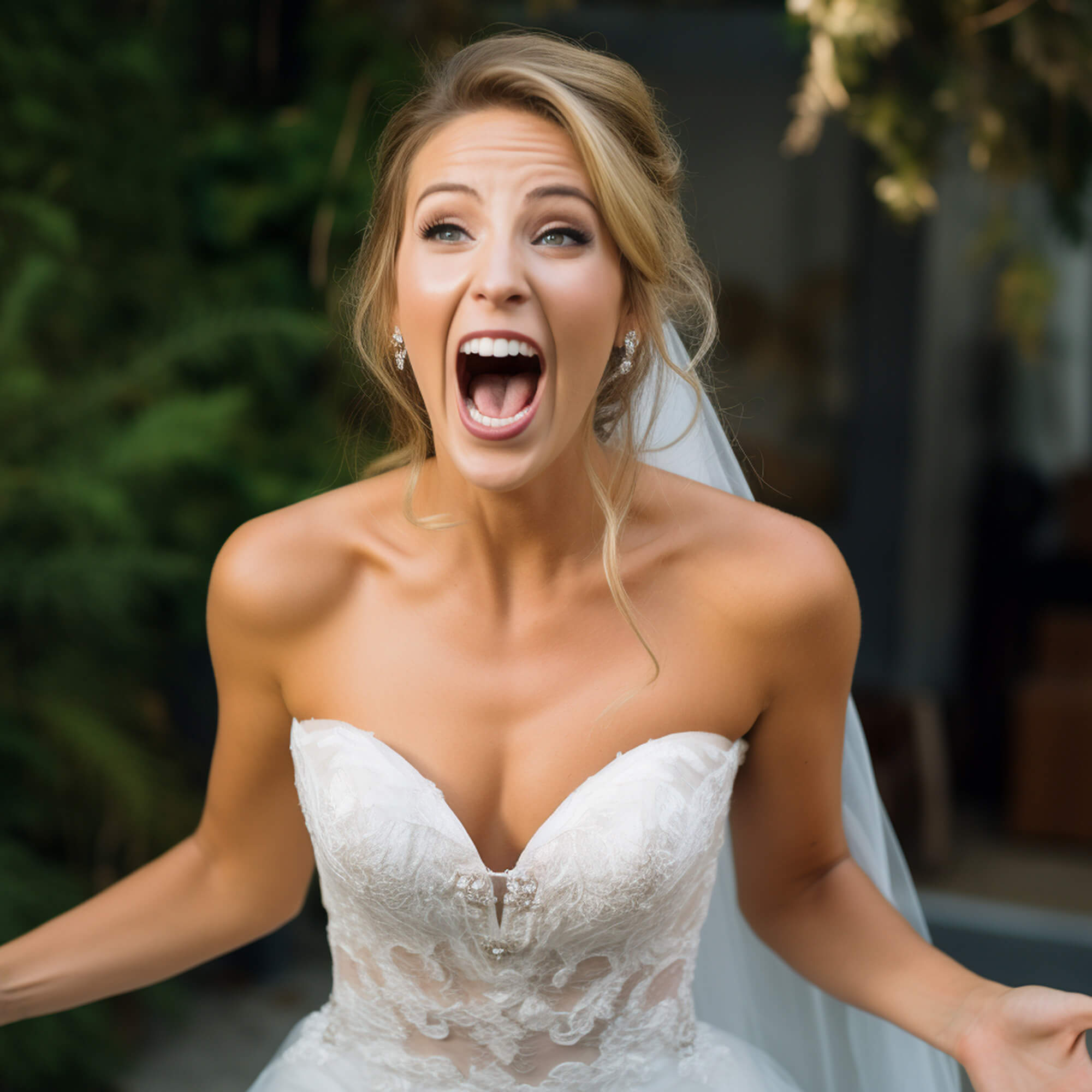 surprised bride in a white dress
