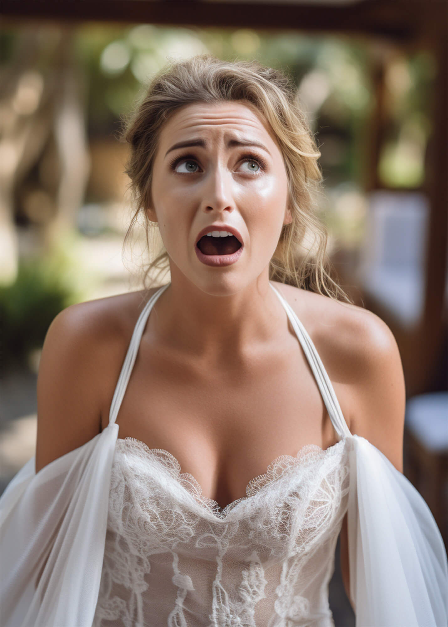 embarrassed bride in a white dress